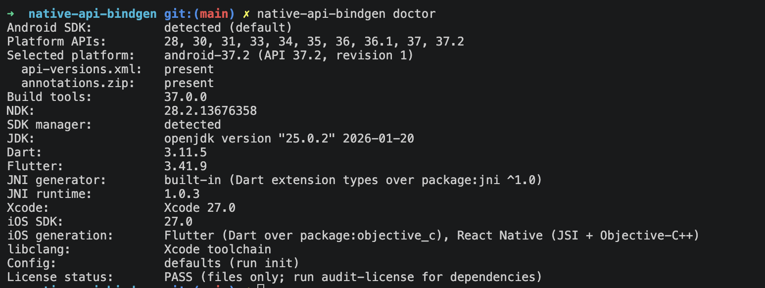 Terminal running native-api-bindgen doctor, generate and coverage in an example project.